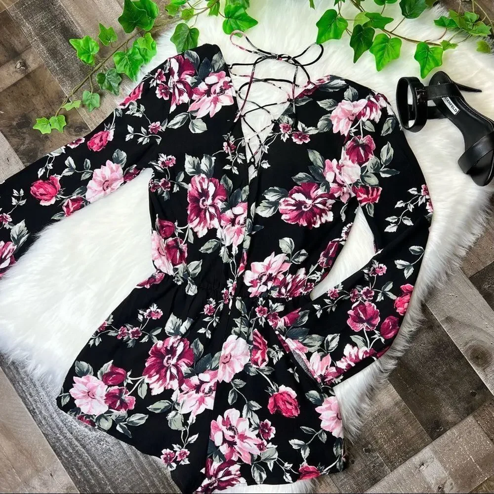 Romantic Goth Floral Romper with Lace-Up Back XS Modern Boho Festival LA Hearts